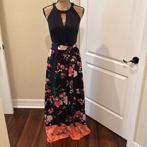 Navy blue and floral print dress